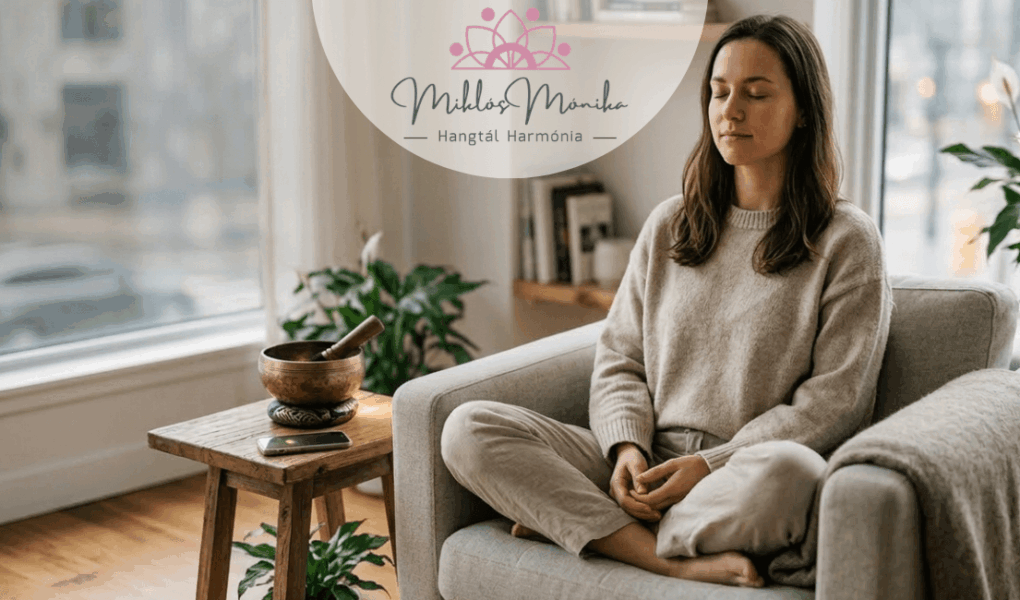 Egy nő csukott szemmel meditál egy világos szobában, mellette egy tibeti hangtál az asztalon.