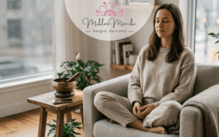 Egy nő csukott szemmel meditál egy világos szobában, mellette egy tibeti hangtál az asztalon.