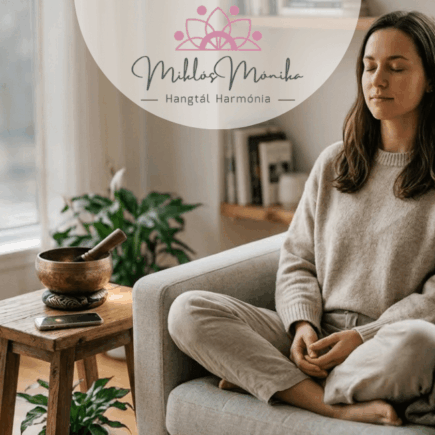 Egy nő csukott szemmel meditál egy világos szobában, mellette egy tibeti hangtál az asztalon.