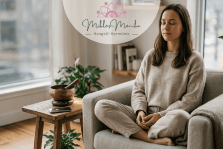 Egy nő csukott szemmel meditál egy világos szobában, mellette egy tibeti hangtál az asztalon.