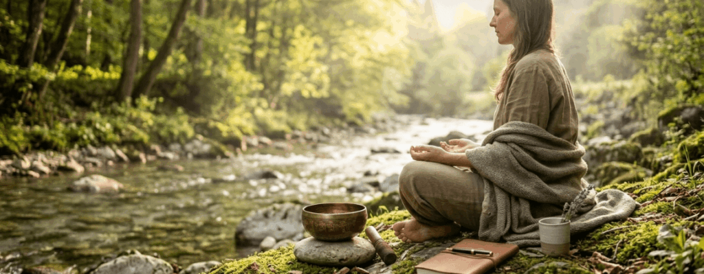 Nő meditál egy patakparton hangtállal, a háttérben napsütötte erdővel – elmélyülés a kreatív válaszokért.
