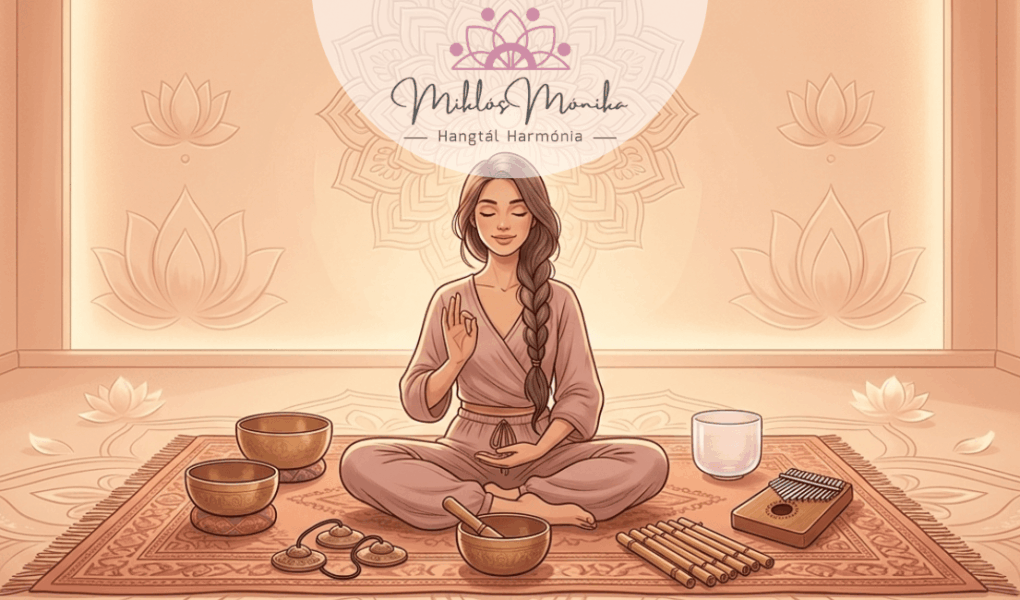 Illusztráció egy békés nőről, aki meditációs pózban ül egy szőnyegen, körülötte tibeti hangtálakkal és rituális hangszerekkel. A háttérben lágy pasztellszínekben tündöklő mandala és lótuszvirágok láthatók, meleg, borostyánszínű megvilágításban.