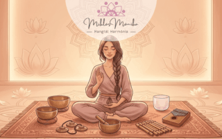 Illusztráció egy békés nőről, aki meditációs pózban ül egy szőnyegen, körülötte tibeti hangtálakkal és rituális hangszerekkel. A háttérben lágy pasztellszínekben tündöklő mandala és lótuszvirágok láthatók, meleg, borostyánszínű megvilágításban.