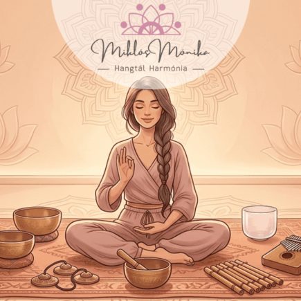 Illusztráció egy békés nőről, aki meditációs pózban ül egy szőnyegen, körülötte tibeti hangtálakkal és rituális hangszerekkel. A háttérben lágy pasztellszínekben tündöklő mandala és lótuszvirágok láthatók, meleg, borostyánszínű megvilágításban.
