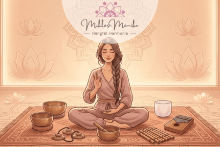 Illusztráció egy békés nőről, aki meditációs pózban ül egy szőnyegen, körülötte tibeti hangtálakkal és rituális hangszerekkel. A háttérben lágy pasztellszínekben tündöklő mandala és lótuszvirágok láthatók, meleg, borostyánszínű megvilágításban.