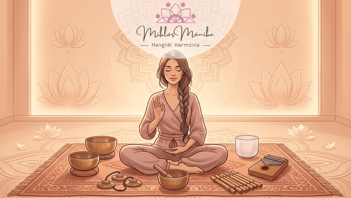 Illusztráció egy békés nőről, aki meditációs pózban ül egy szőnyegen, körülötte tibeti hangtálakkal és rituális hangszerekkel. A háttérben lágy pasztellszínekben tündöklő mandala és lótuszvirágok láthatók, meleg, borostyánszínű megvilágításban.
