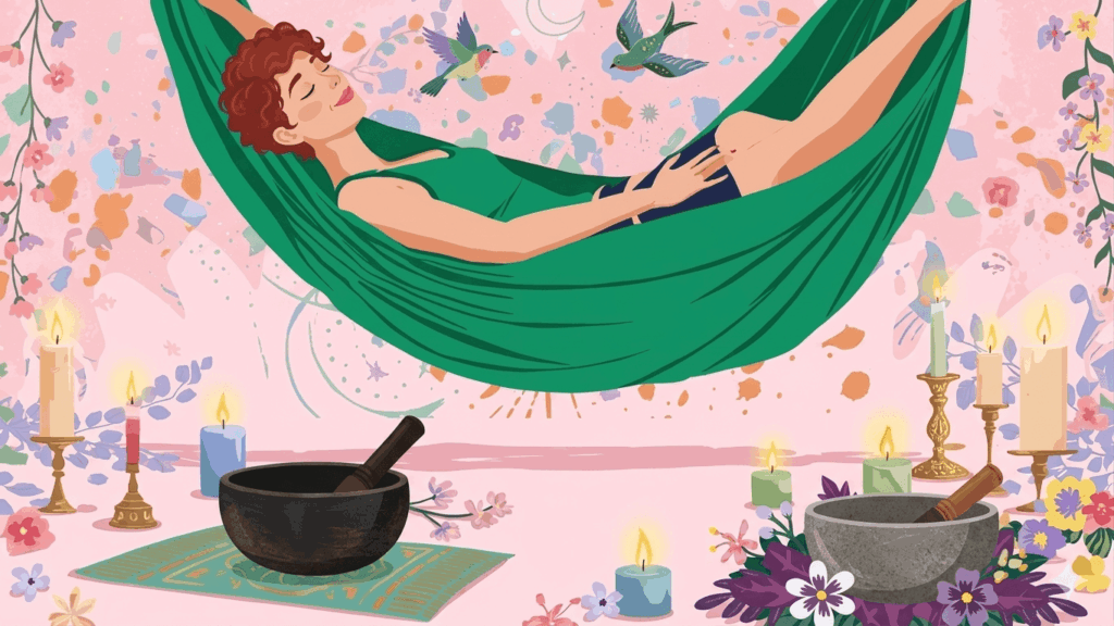 illusztráció egy nőről ahogy a selyemhintában relaxál, alatta hangtálak